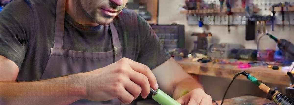 man replacing battery in flashlight while sitting at a work bench