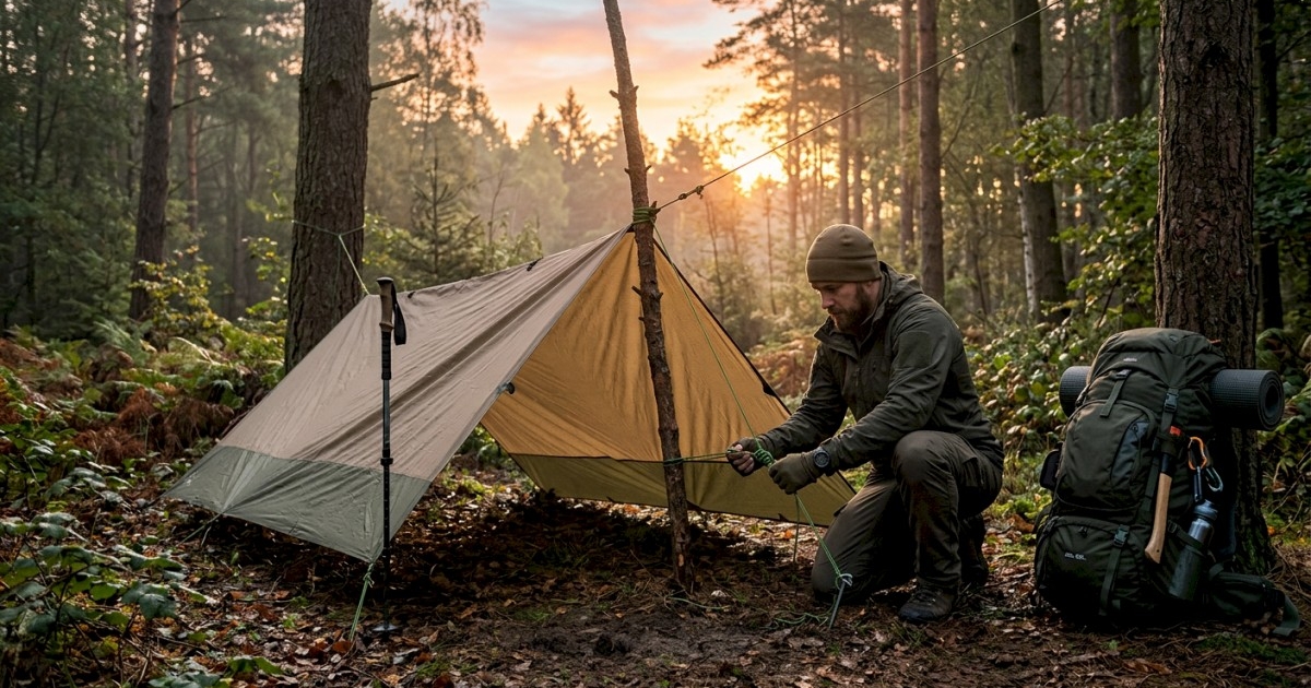 Backpacker setting up a rugged tactical tarp shelter in a forest clearing at sunrise