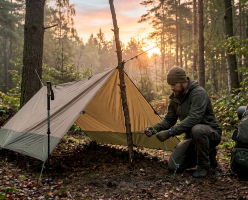 Backpacker setting up a rugged tactical tarp shelter in a forest clearing at sunrise
