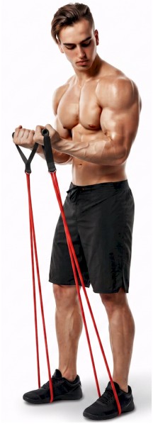 man using resistance bands with handles on white background