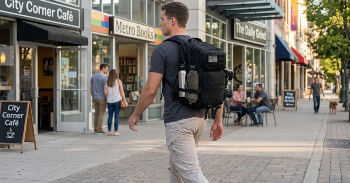 man walking with backpack loaded with everyday gear on a simple city
