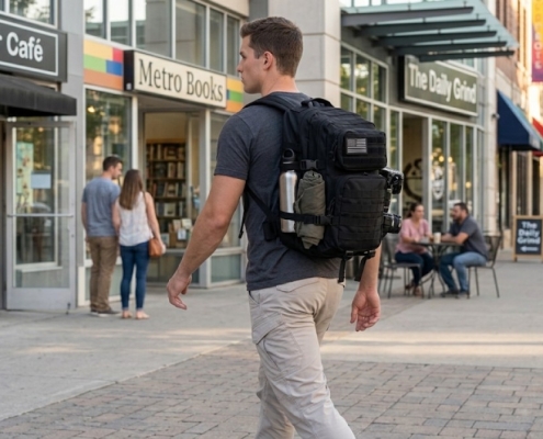 man walking with military tactical backpack loaded with everyday gear in a city