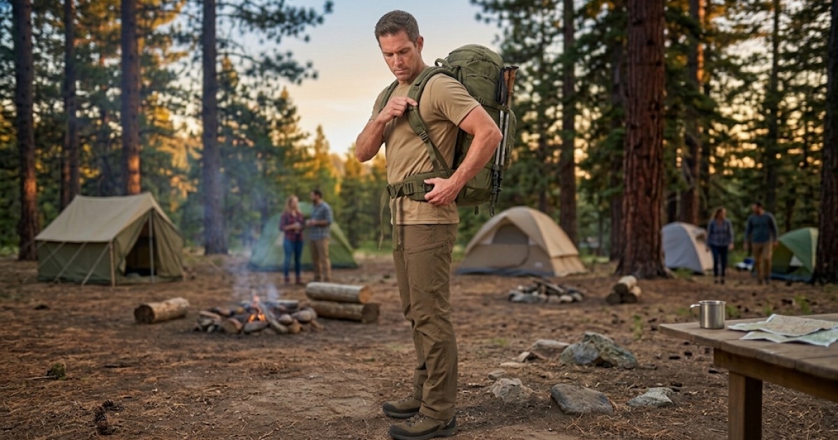 Man wearing a 30 liter tactical backpack with proper posture. Man is showing adjusted straps and waist belt