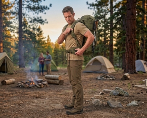 Man wearing a 30 liter tactical backpack with proper posture. Man is showing adjusted straps and waist belt