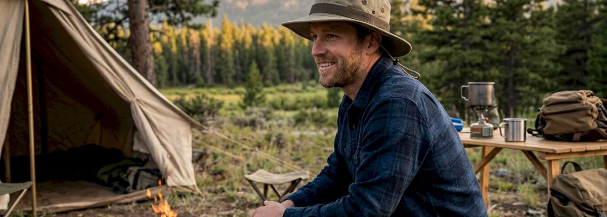 man wearing a khaki boonie hat and sitting at a camp site