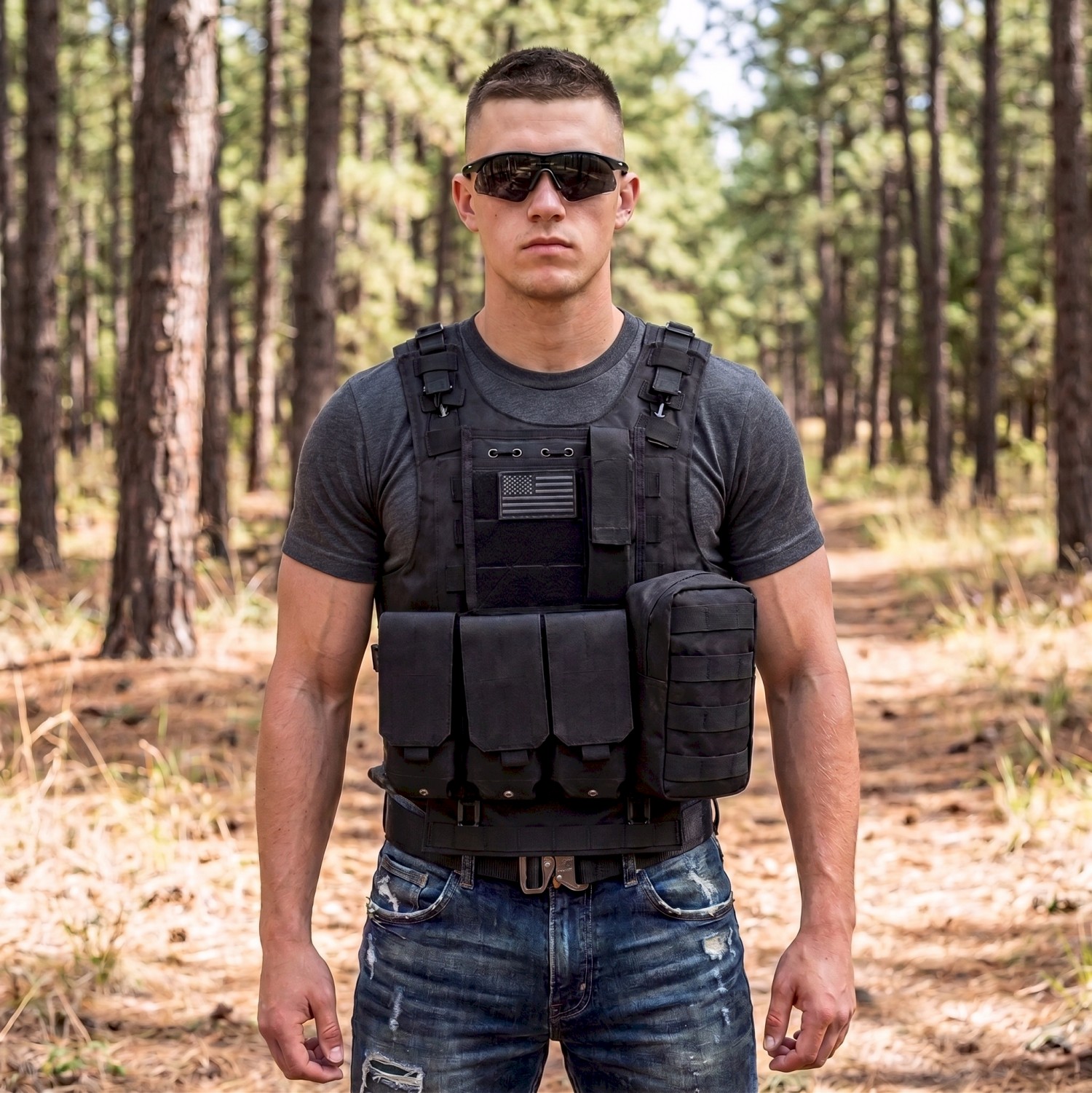 man-wearing-tactical-plate-carrier-vest-black-forest young man wearing a tactical plate carrier vest in black with a forest in the background during the daylight