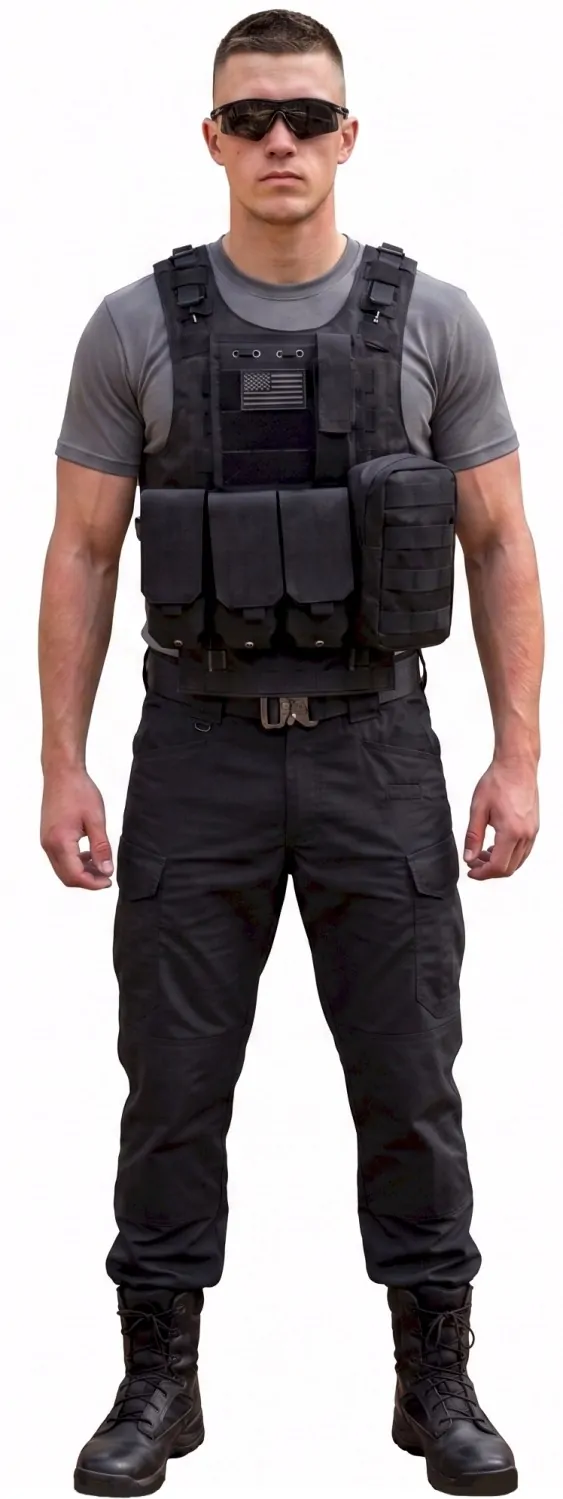 young man wearing a tactical plate carrier vest in black
