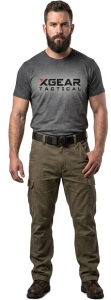 man wearing a gray shirt and a tactical utility belt while standing on white background