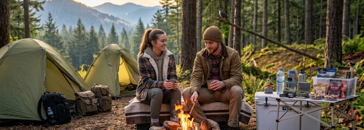 man and woman dressed in layered clothing sitting at a camp site during the early evening