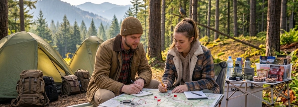 a young man and woman sitting at table planning a hiking trip with compass and note pad