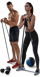 man and woman using resistance bands while standing on a white background