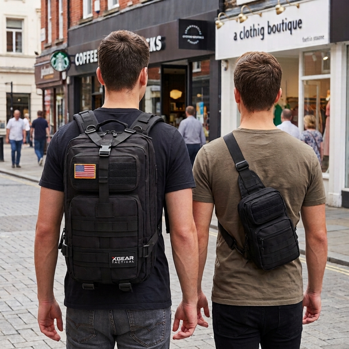 young men walking in urban city with 40 liter tactical backpack