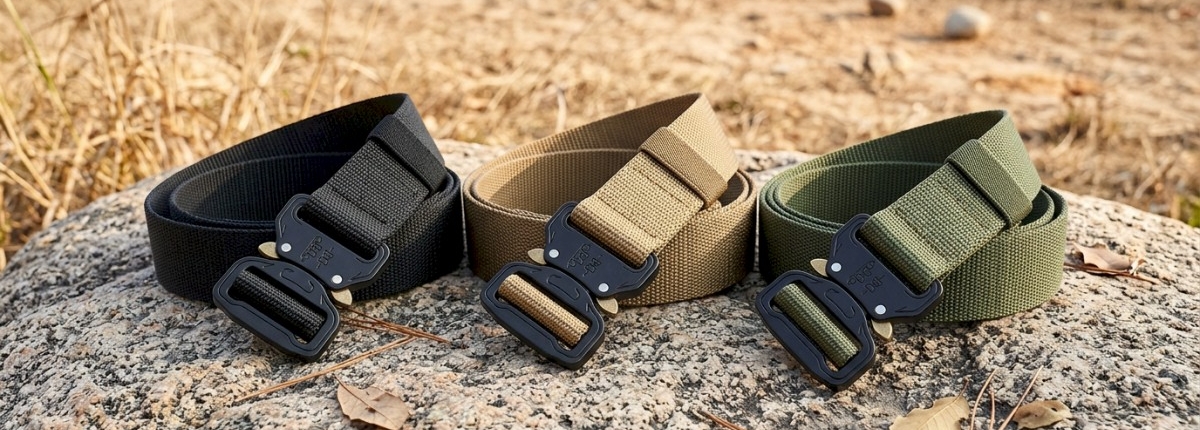 Close-up of a rugged military style tactical belts with MOLLE webbing and metal buckle
