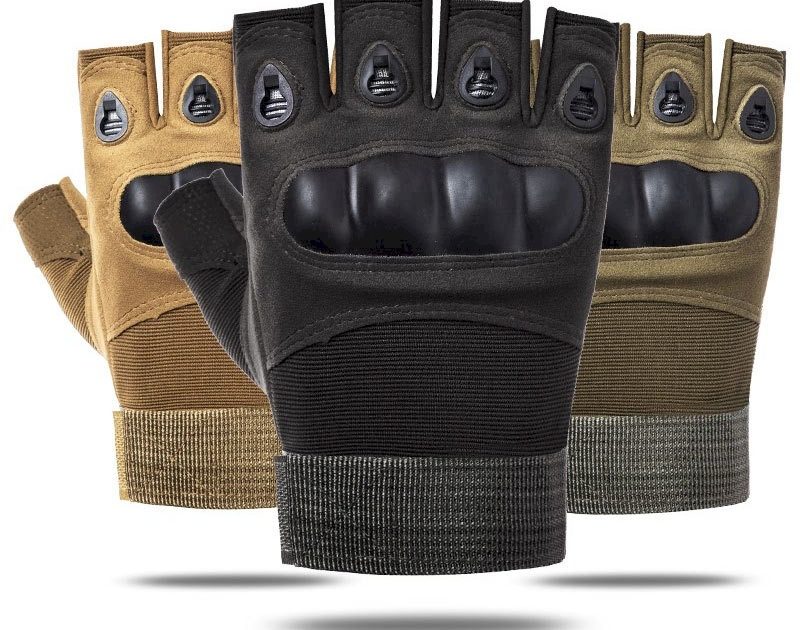variety of military combat gloves in black, army green, and khaki