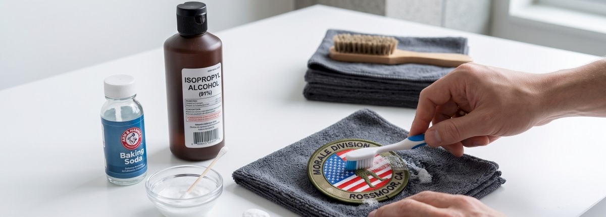 military morale patch being cleaned by hand using a small toothbrush with a bottle of baking soda and isopropyl alcohol on a white table