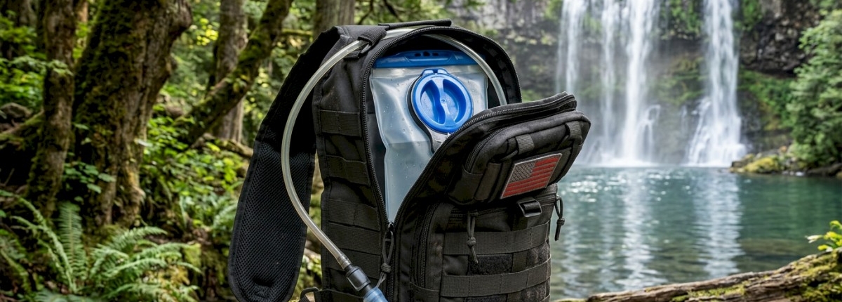 A mini 14 liter hiking backpack open with Hydration drinking bladder inside with a waterfall in the background