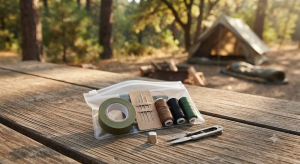 mini repair kit which includes a small roll of durable tape, a few needles, and matching thread