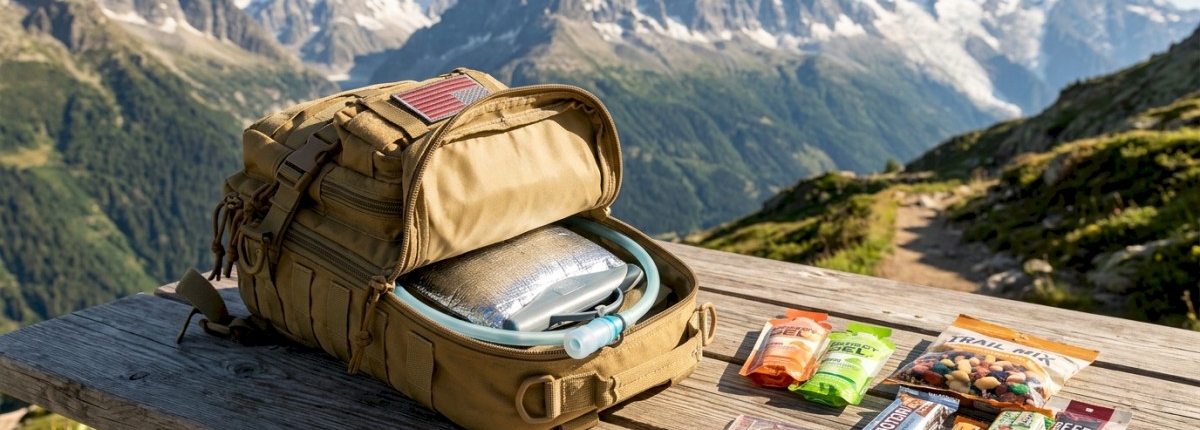 mini backpack open on a wood camp table with gear [compass, Hydration, nutrition, snacks]