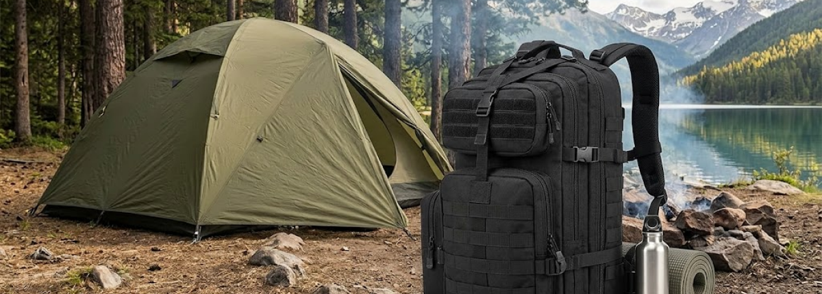 molle backpack in black on ground of a camping site
