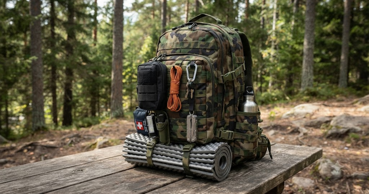 molle backpack in camo color in the wilderness on a wooden table