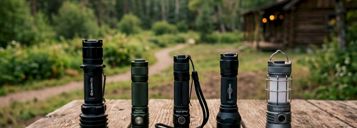 multiple flashlight models on wood table with outdoor background