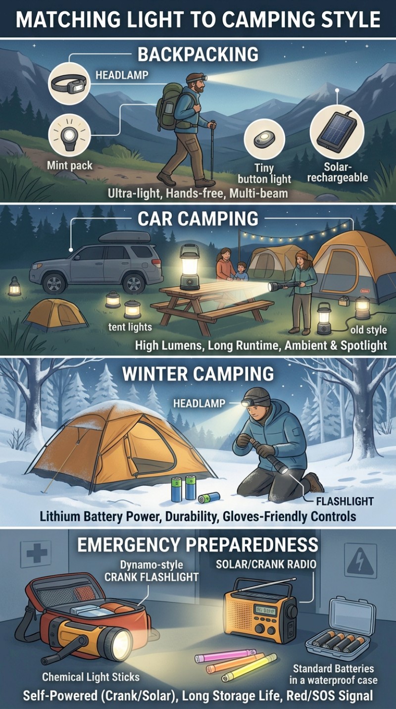 Chart matching light to camping style to give you the best LED flashlight for camping trips
