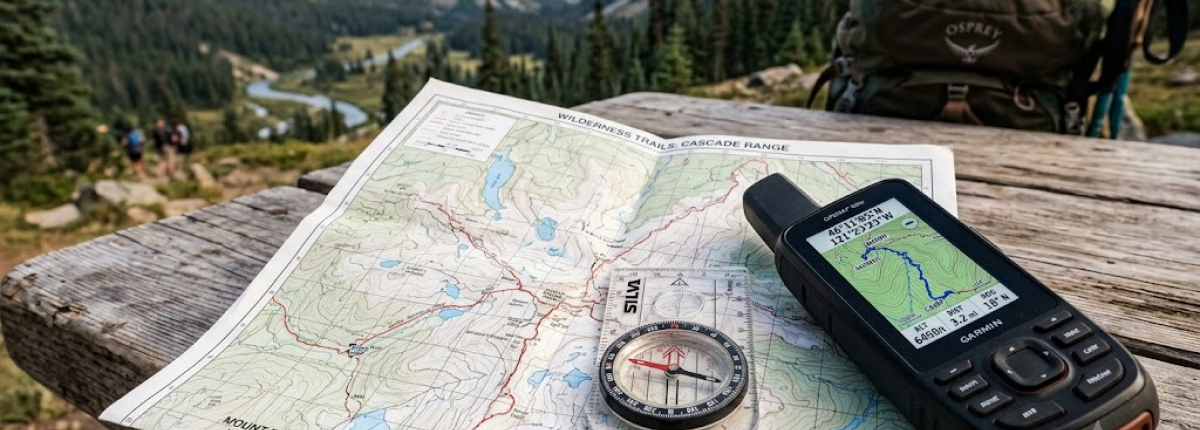 Navigation Tools on picnic table which include Map, Compass, and GPS electronics