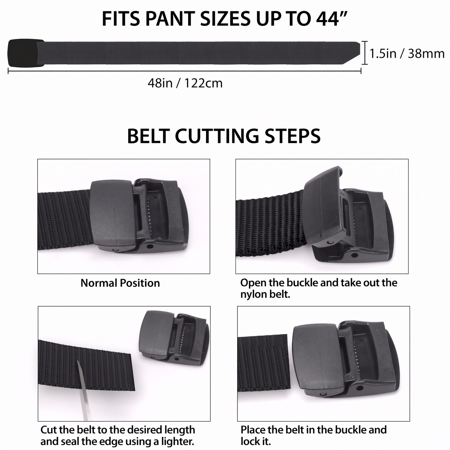 mens nylon belt with plastic buckle showing cutting instructions to change size length