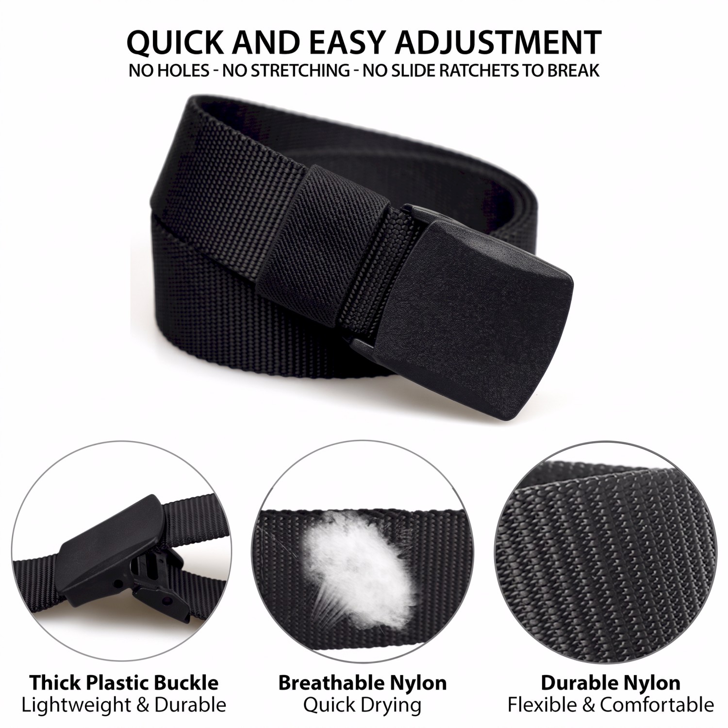 mens nylon belt with plastic buckle showing easy adjustment options