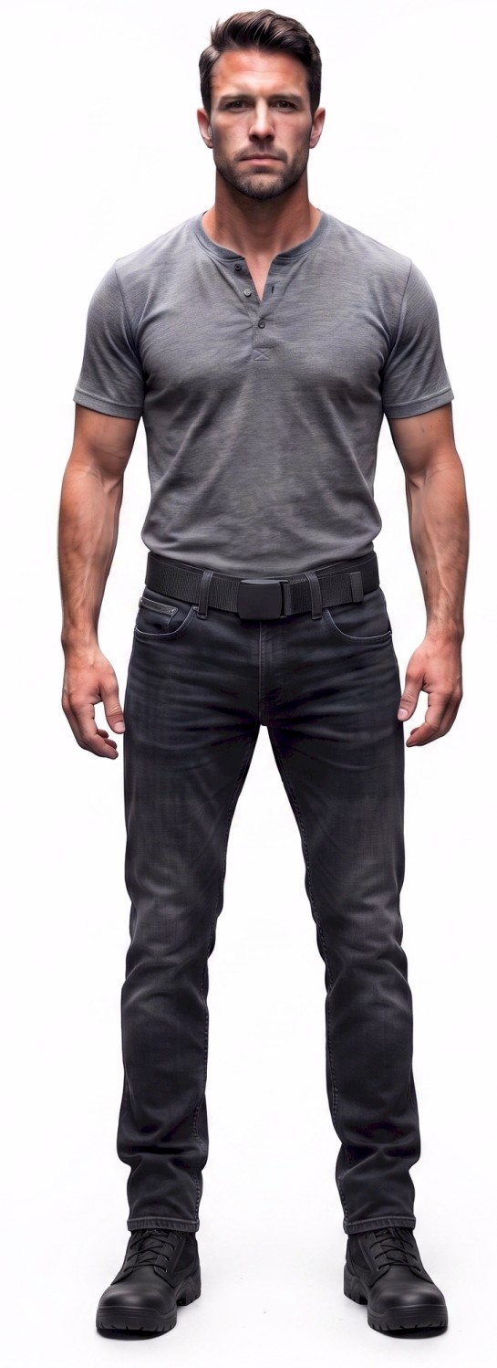 man wearing a nylon belt with plastic buckle showing casual clothing