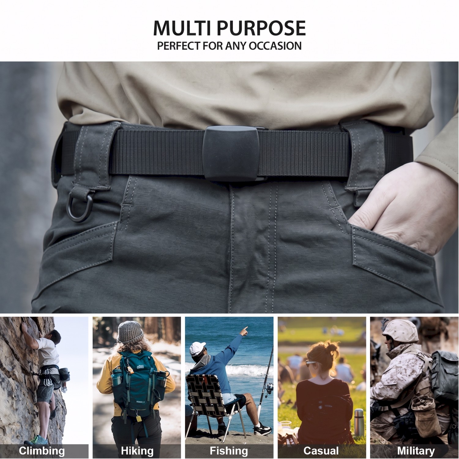 mens nylon belt with plastic buckle showing multi-purpose uses