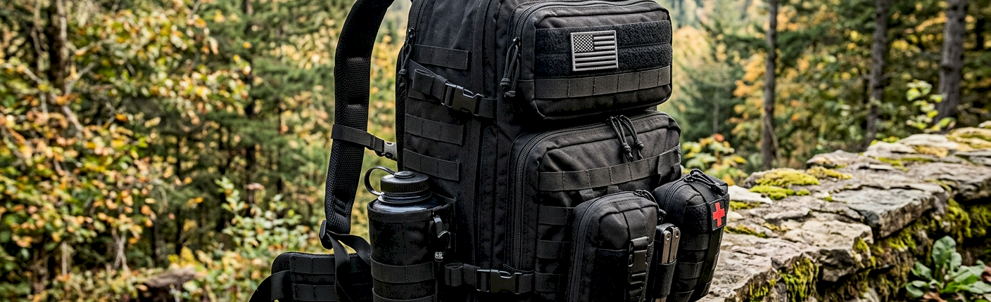 nylon tactical backpack with molle on stone wall with forest in background