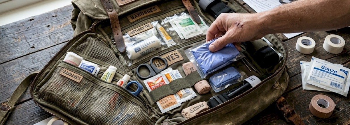 An old distressed backpack being converted as a first-aid kit lying open on a table with a hand neatly packing first-aid items inside
