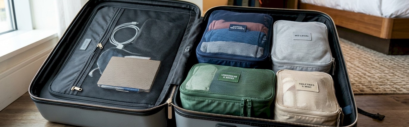 Packing cubes inside of a carry-on suitcase opened
