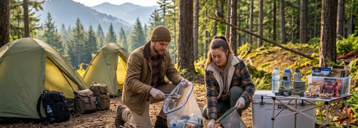 people cleaning up small items of trash at a camp site during mid-day time