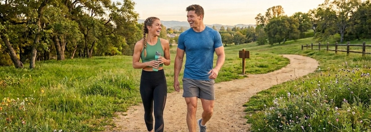 people smiling and walking on a park trail for exercise