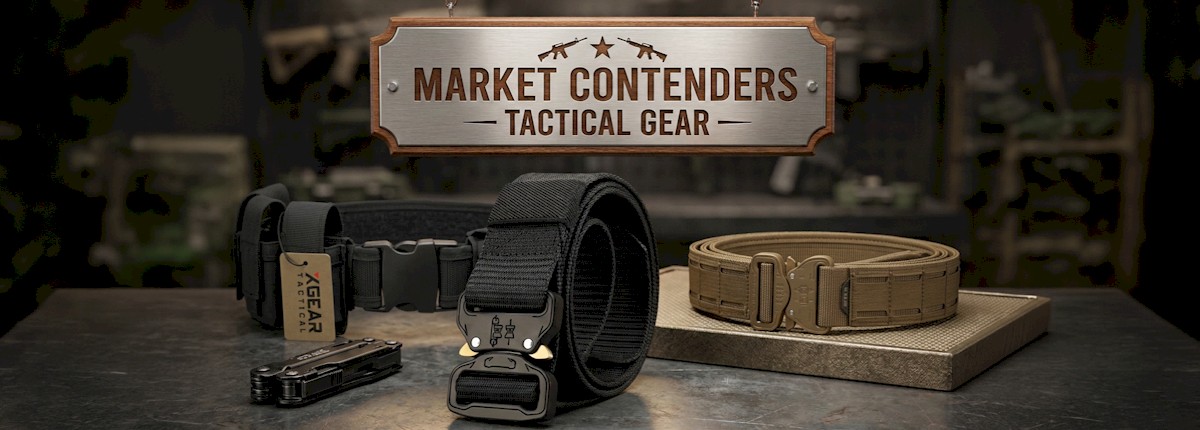 various tactical belts on steel table with signage top contenders in the market