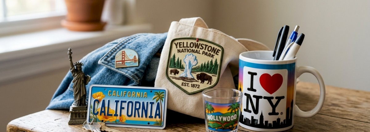 a few popular American travel souvenirs on a bedroom table