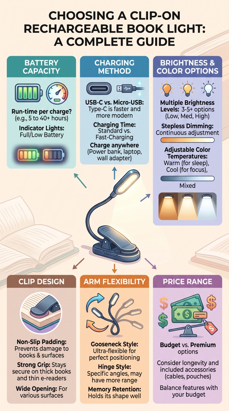 Graphic Showing Options on How to Choose the Right Book Light Model for You