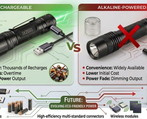 a graphic showing a comparison of rechargeable flashlights - USB vs Alkaline