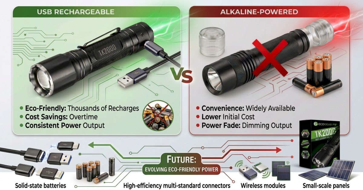 a graphic showing a comparison of rechargeable flashlights - USB vs Alkaline