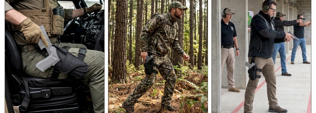 Showing different scenarios for using a drop leg thigh holster including vehicle, field, training
