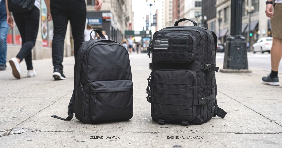 Side‑by‑side comparison of a compact daypack and a larger traditional backpack on a city sidewalk