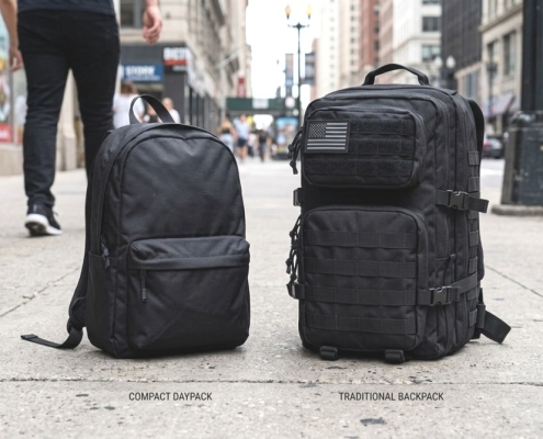 Side‑by‑side comparison of a compact daypack and a larger traditional backpack on a city sidewalk