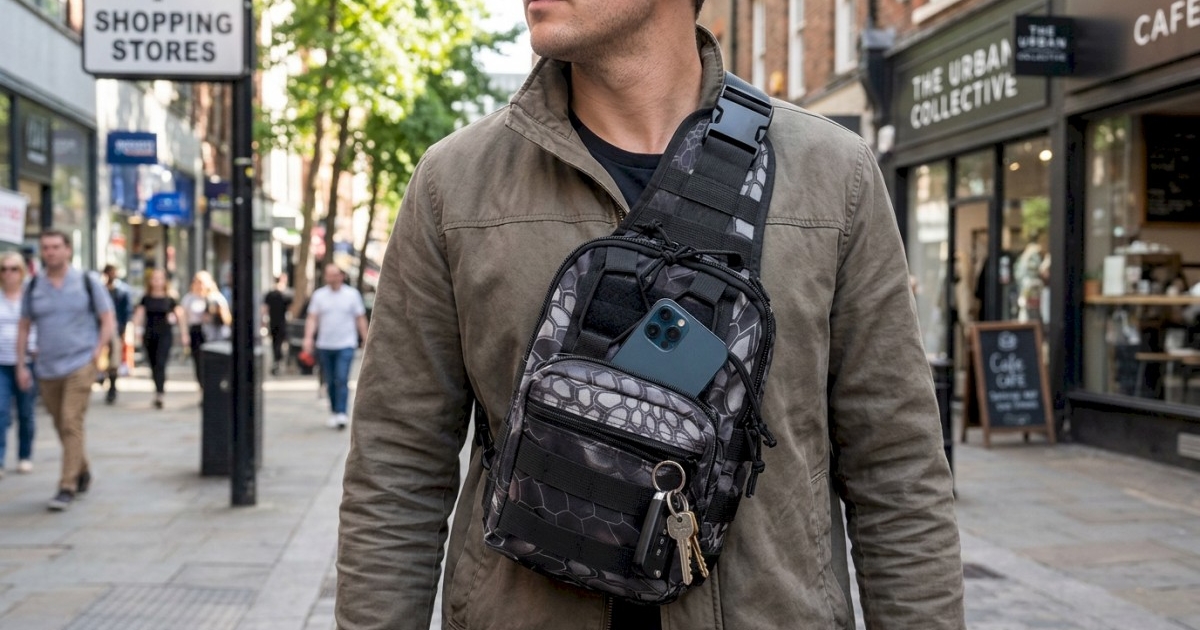 A sleek, black sling bag worn across the chest with a phone and keys visible in the front pocket