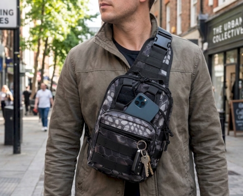 A sleek, black sling bag worn across the chest with a phone and keys visible in the front pocket