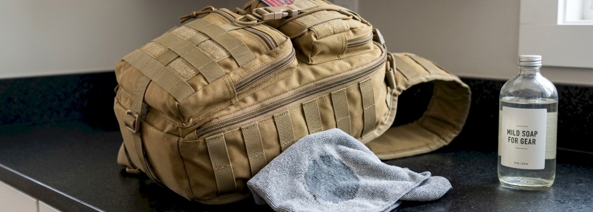 sling bag laying on black indoor kitchen counter with damp cloth and mild soap on table