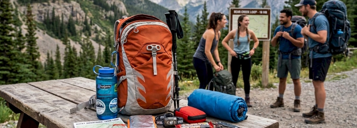 small 15 liter backpack on a camping table with items packed for a 10‑km Mountain Loop