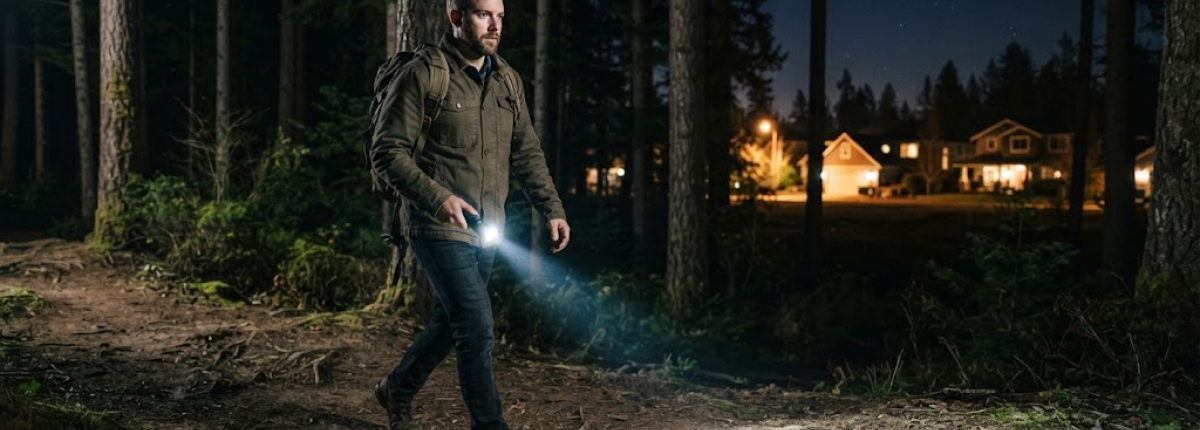 small bright flashlight in hand of man while walking at night with homes in background
