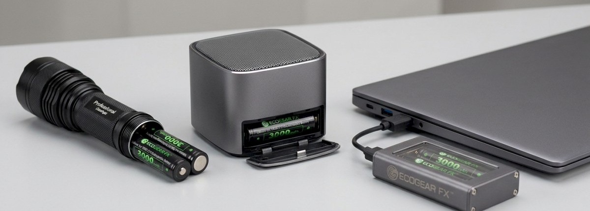 a few small electronics [flashlight, laptop, portable speaker] powered by 18650 batteries on light gray table